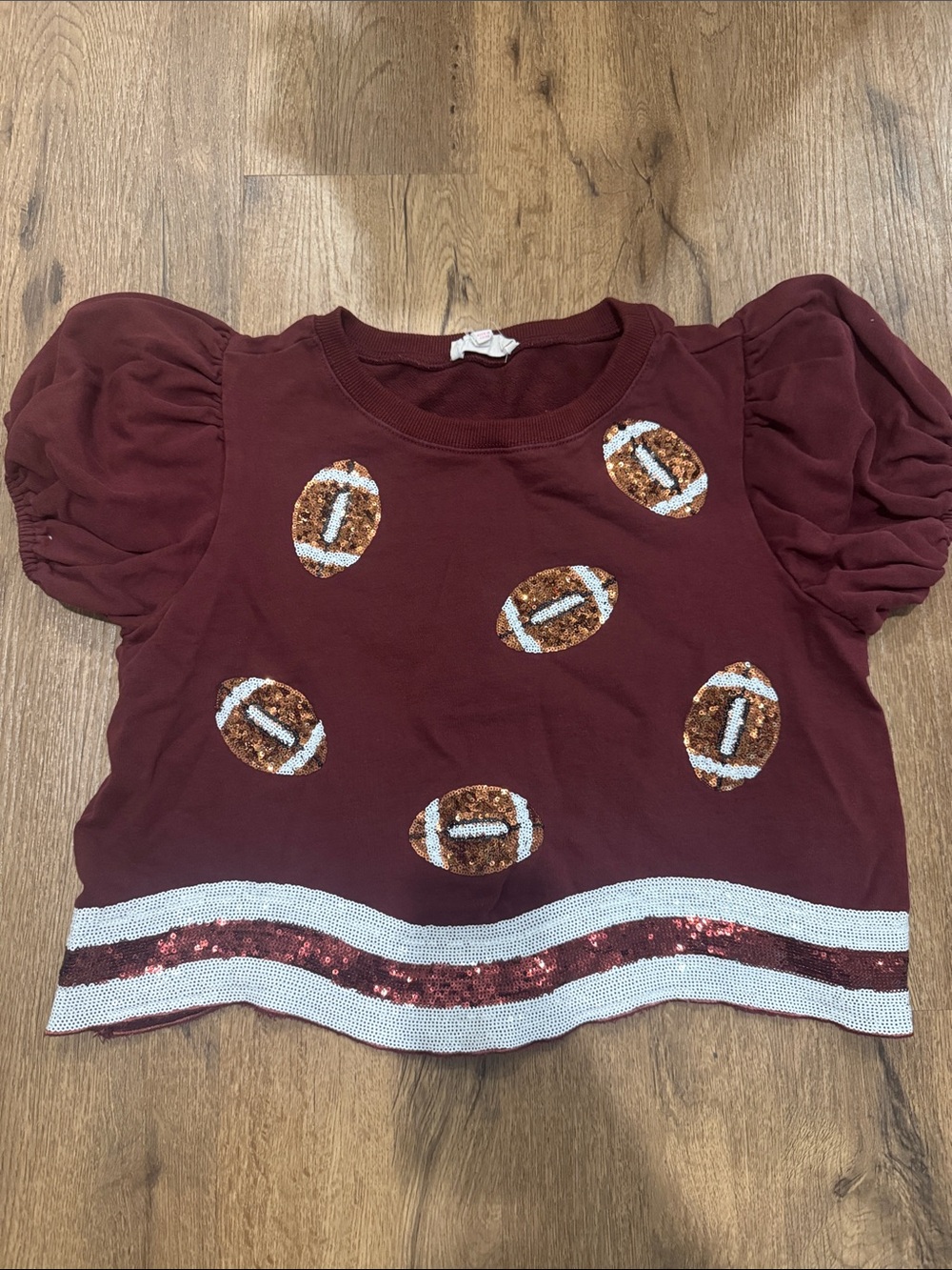 Peach Love California Burgundy Sequin Football Puff-Sleeve Top